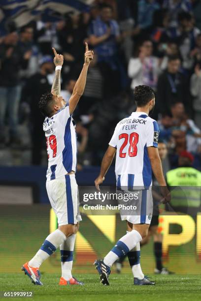 Porto's Brazilian forward Soares celebrates after scoring a goal during Premier League 2016/17 match between FC Arouca and FC Porto, at Municipal de...