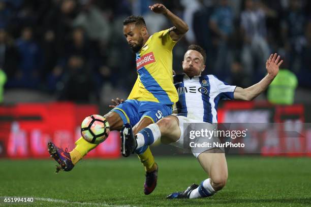 Porto's Portuguese midfielder Diogo Jota vies with Arouca's Brazilian defender Nelsinho during Premier League 2016/17 match between FC Arouca and FC...