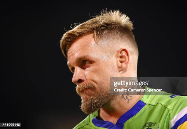 Blake Austin of the Raiders looks on during the round two NRL match between the Canberra Raiders and the Cronulla Sharks at GIO Stadium on March 11,...