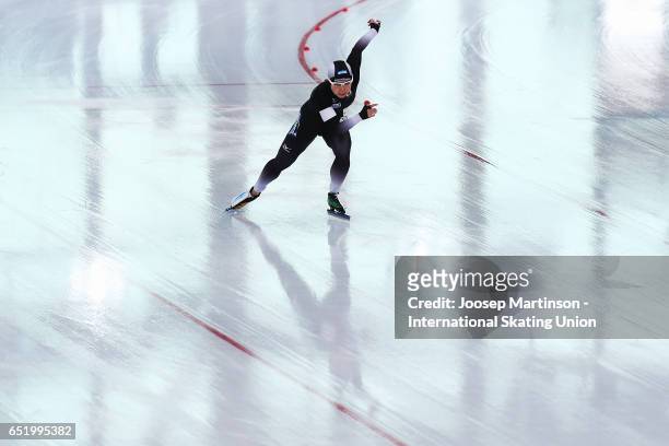 Nao Kodaira of Japan competes in the Ladies 500m during day 1 of the ISU World Cup Speed Skating at Soermarka Arena on March 11, 2017 in Stavanger,...