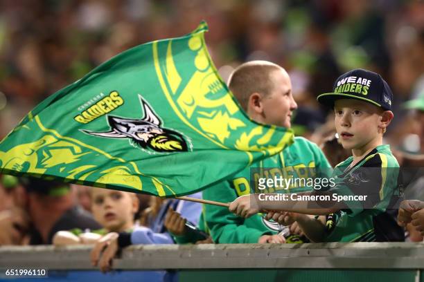 Raiders fan shows his colours during the round two NRL match between the Canberra Raiders and the Cronulla Sharks at GIO Stadium on March 11, 2017 in...