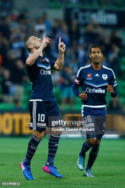 James Troisi of the Victory celebrates after scoring a goal during the round 23 A-League match between Melbourne City FC and Perth Glory at AAMI Park...