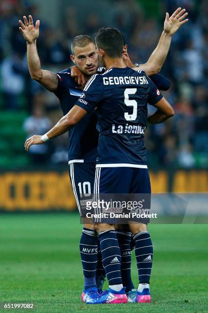 James Troisi of the Victory celebrates after scoring a goal during the round 23 A-League match between Melbourne City FC and Perth Glory at AAMI Park...