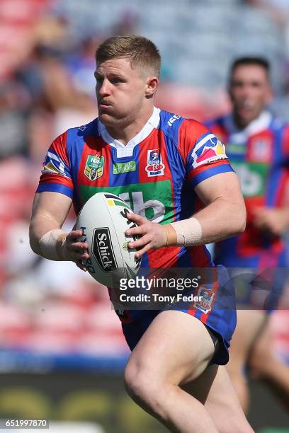 Luke Yates of the Knights in action during the round two NRL match between the Newcastle Knights and the Gold Coast Titans at McDonald Jones Stadium...