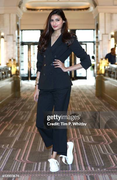 Bollywood Star Athiya Shetty attends a photocall for the Bollywood comedy 'Mubarakan' on March 11, 2017 at the Sheraton Park Lane Hotel in London,...