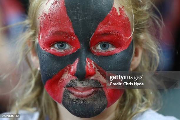 Crusaders fan during the round three Super Rugby match between the Reds and the Crusaders at Suncorp Stadium on March 11, 2017 in Brisbane, Australia.