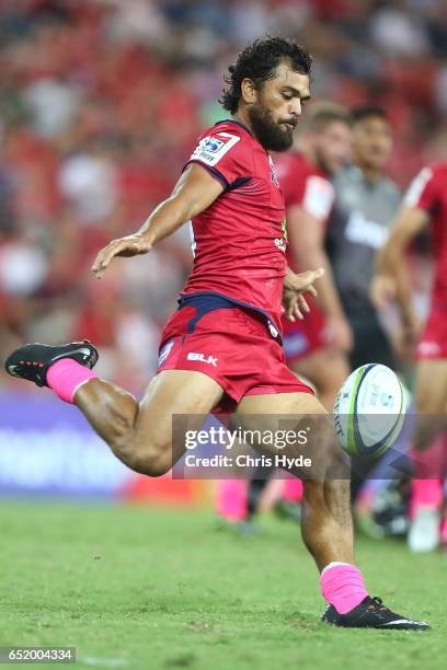 Karmichael Hunt of the Reds lkicks during the round three Super Rugby match between the Reds and the Crusaders at Suncorp Stadium on March 11, 2017...