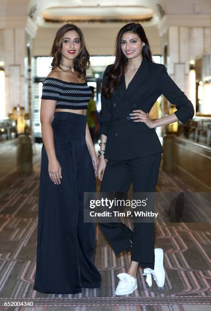 Bollywood Stars Ileana D'Cruz and Athiya Shetty attend a photocall for the Bollywood comedy 'Mubarakan' on March 11, 2017 at the Sheraton Park Lane...