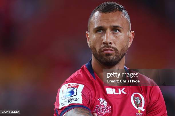 Quade Cooper of the Reds looks on during the round three Super Rugby match between the Reds and the Crusaders at Suncorp Stadium on March 11, 2017 in...