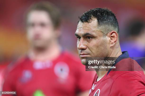 George Smith of the Reds looks on after losing the round three Super Rugby match between the Reds and the Crusaders at Suncorp Stadium on March 11,...