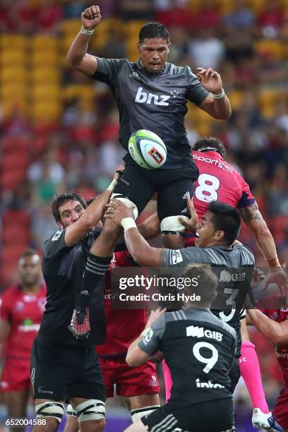 Whetu Douglas of the Crusaders takes the line out during the round three Super Rugby match between the Reds and the Crusaders at Suncorp Stadium on...