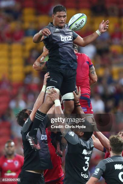 Whetu Douglas of the Crusaders takes the line out during the round three Super Rugby match between the Reds and the Crusaders at Suncorp Stadium on...