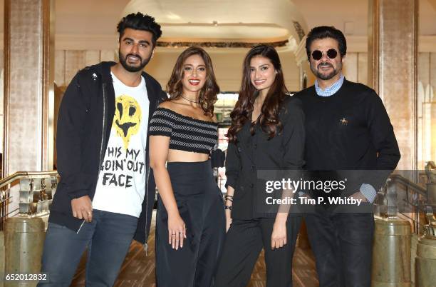 Bollywood Stars Arjun Kapoor, Ileana D'Cruz, Athiya Shetty and Anil Kapoor attend a photocall for the Bollywood comedy 'Mubarakan' on March 11, 2017...