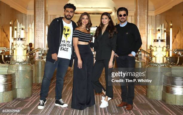 Bollywood Stars Arjun Kapoor, Ileana D'Cruz, Athiya Shetty and Anil Kapoor attend a photocall for the Bollywood comedy 'Mubarakan' on March 11, 2017...