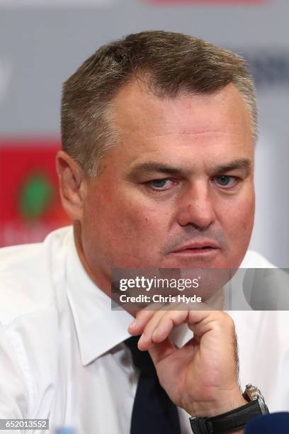 Red Head Coach Nick Stiles speaks to media after the round three Super Rugby match between the Reds and the Crusaders at Suncorp Stadium on March 11,...