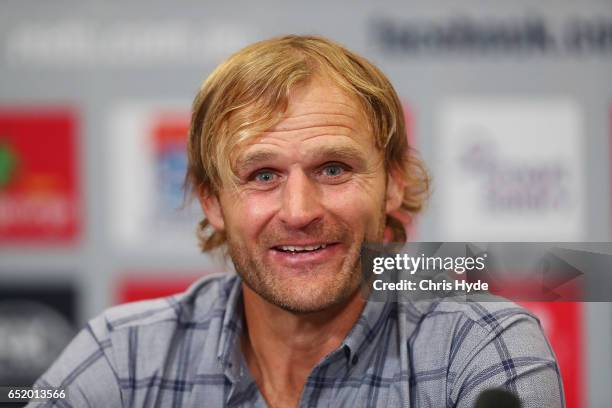 Crusaders Head Coach Scott Robertson speaks to media after the round three Super Rugby match between the Reds and the Crusaders at Suncorp Stadium on...