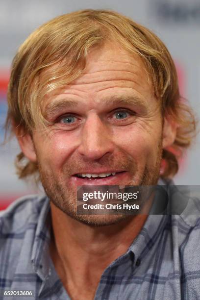 Crusaders Head Coach Scott Robertson speaks to media after the round three Super Rugby match between the Reds and the Crusaders at Suncorp Stadium on...