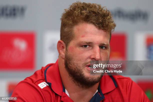 Red James Slipper of the Reds speaks to media after the round three Super Rugby match between the Reds and the Crusaders at Suncorp Stadium on March...