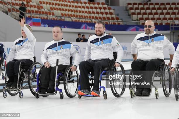 Bronze medalists Angie Malone, Robert McPherson, Hugh Nibloe and Gregor Ewan from Scotland celebrate in the medal ceremony for the World Wheelchair...