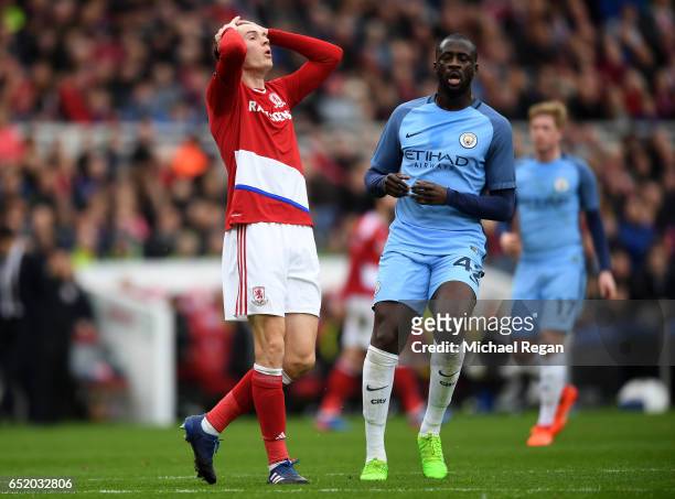 Marten de Roon of Middlesbrough reacts during The Emirates FA Cup Quarter-Final match between Middlesbrough and Manchester City at Riverside Stadium...
