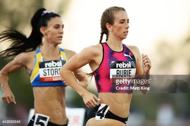 Anneliese Rubie of Victoria leads Lora Storey of NSW in the Women800m A Final during the SUMMERofATHS Grand Prix on March 11, 2017 in Canberra,...