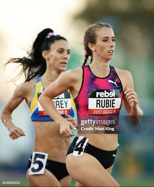 Anneliese Rubie of Victoria leads Lora Storey of NSW in the Women800m A Final during the SUMMERofATHS Grand Prix on March 11, 2017 in Canberra,...