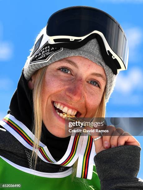 Laurie Blouin of Canada celebrates winning the gold medal during the medal ceromeny after the Women's Slopestyle Final on day four of the FIS...