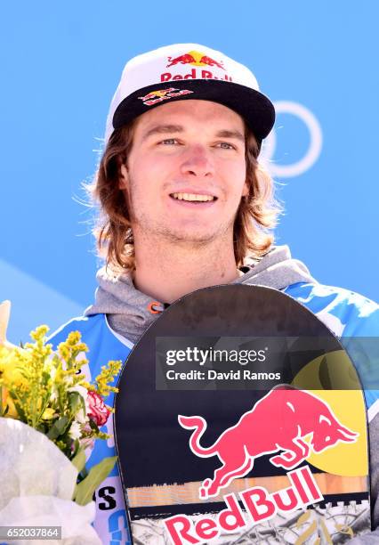 Seppe Smits of Belgium celebrates winning his Gold medal during the medal ceromeny after the Men's Slopestyle Final on day four of the FIS Freestyle...