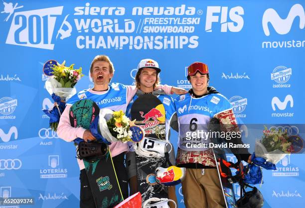 Nicolas Huber of Switzerland , Seppe Smits of Belgium and Chris Corning of the United States celebrate winning their medals during the medal ceromeny...