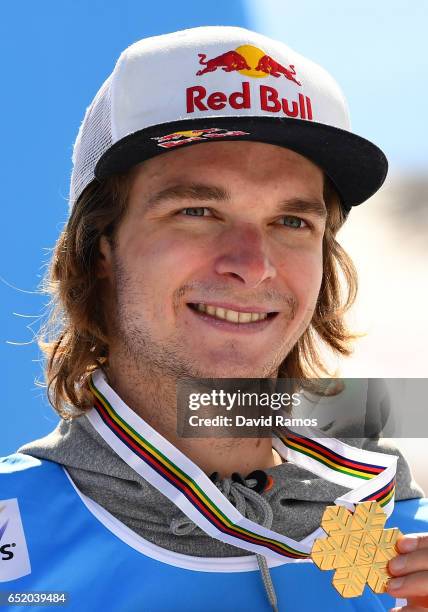 Seppe Smits of Belgium celebrates winning his Gold medal during the medal ceromeny after the Men's Slopestyle Final on day four of the FIS Freestyle...