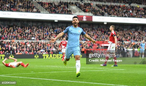 Sergio Aguero of Manchester City celebrates scoring his sides second goal during The Emirates FA Cup Quarter-Final match between Middlesbrough and...