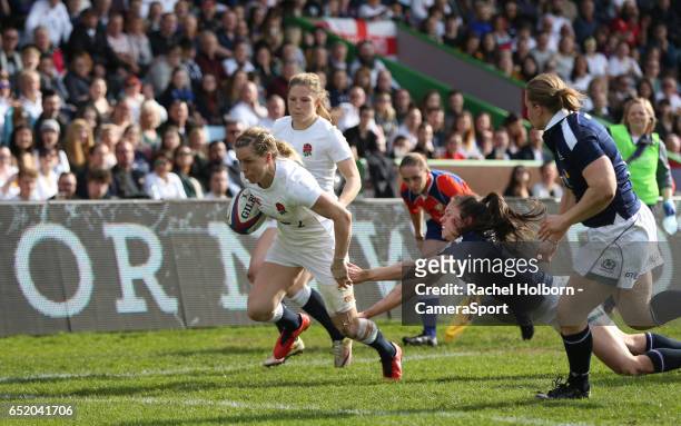England Women's Danielle Waterman scores her sides fourth try during the Women's Six Nations Round 4 match between England Red Roses and Scotland...