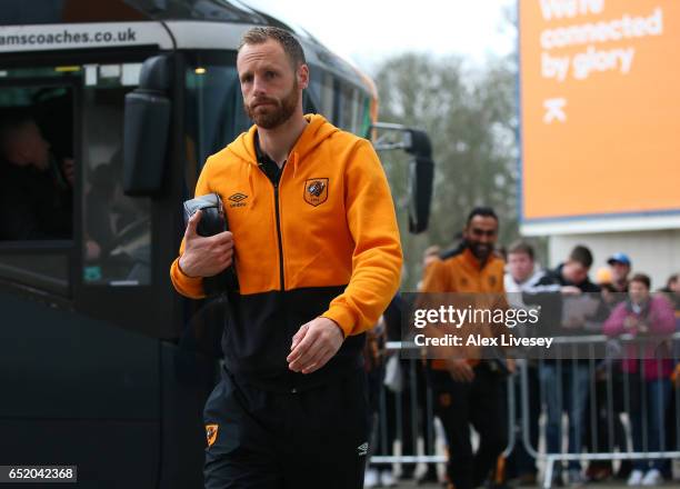 David Meyler of Hull City arrives at the stadium prior to the Premier League match between Hull City and Swansea City at KCOM Stadium on March 11,...