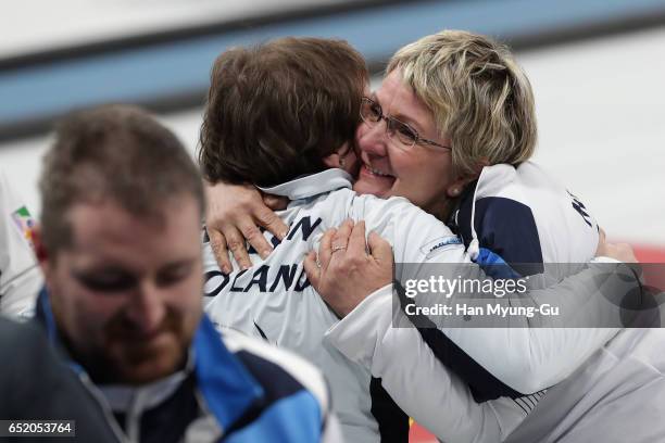 Angie Malone from Scotland hugs with teammate Aileen Neilson from Scotland after winning the final in the World Wheelchair Curling Championship 2017...