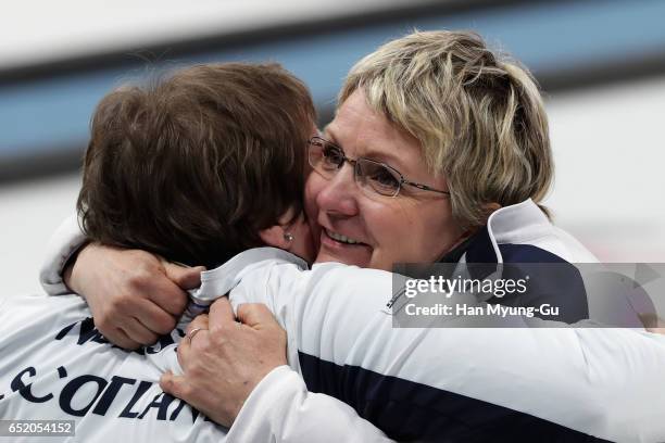 Angie Malone from Scotland hugs with teammate Aileen Neilson from Scotland after winning the final in the World Wheelchair Curling Championship 2017...