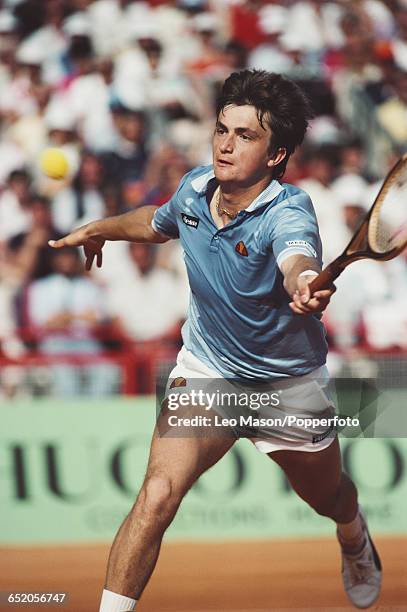 French tennis player Henri Leconte pictured in action competing to reach the quarterfinals of the Men's Singles tournament at the 1983 Monte Carlo...