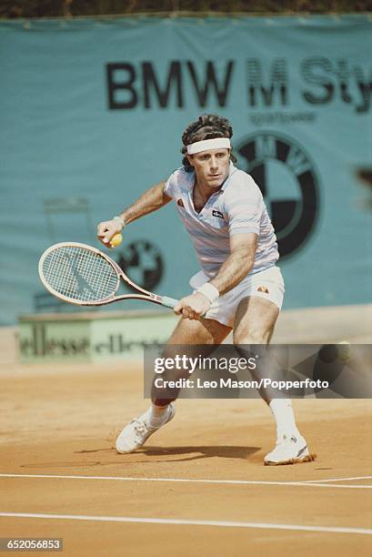 Argentine tennis player Guillermo Vilas pictured in action competing to reach the quarterfinals of the Men's Singles tournament at the 1983 Monte...