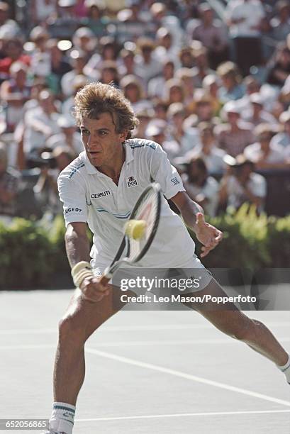 Swedish tennis player Mats Wilander pictured in action competing to reach the quarterfinals of the 1983 US Open Men's Singles tennis tournament at...