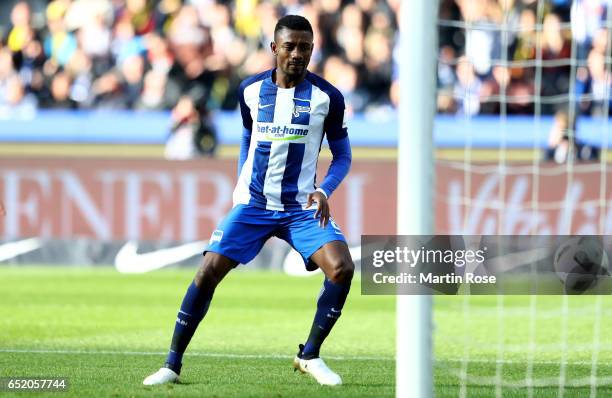 Salomon Kalou of Berlin scores his teams first goal during the Bundesliga match between Hertha BSC and Borussia Dortmund at Olympiastadion on March...