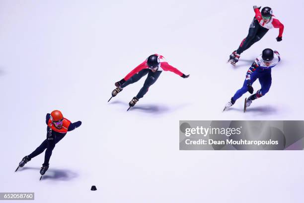 Sjinkie Knegt of the Netherlands competes in the 1500m Mens Semi Final at ISU World Short track Speed Skating Championships held at the Ahoy on March...