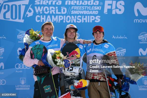Seppe Smits of Belgium wins the gold medal, Nicolas Huber of Switzerland wins silver medal, Chris Corning of USA wins the bronze medal during the FIS...