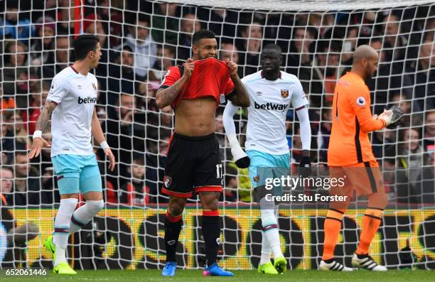 Joshua King of AFC Bournemouth reacts to missing a penalty during the Premier League match between AFC Bournemouth and West Ham United at Vitality...