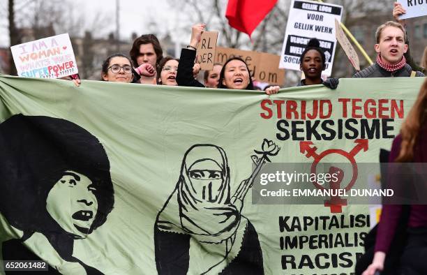 People take part in the anti-racism demonstration called "Womens march for a united Netherlands" ahead of the Dutch parliamentary elections in...