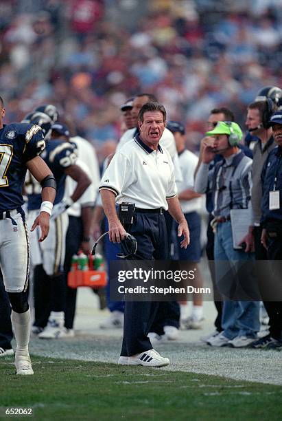 Assistant Coach Joe Bugel of the San Diego Chargers reacts during the game against the San Francisco 49ers at the Qualcomm Stadium in San Diego,...