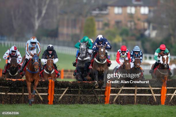Tom O'Brien riding London Prize clear the last to win The Matchbook Imperial Cup Handicap Hurdle Race from Fix Le Kap at Sandown Park on March 11,...