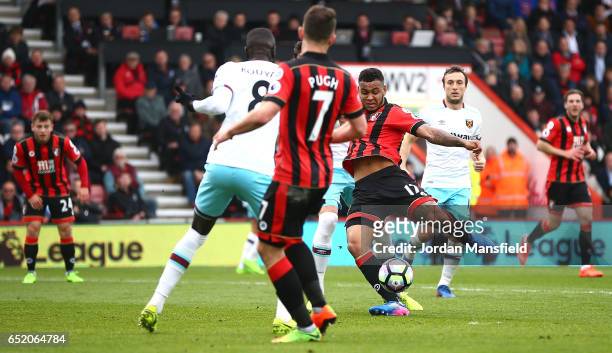 Joshua King of AFC Bournemouth scores his sides first goal during the Premier League match between AFC Bournemouth and West Ham United at Vitality...