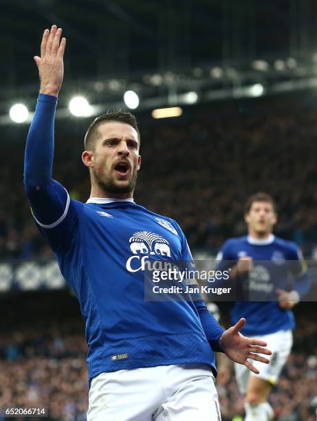 Kevin Mirallas of Everton celebrates scoring his sides first goal during the Premier League match between Everton and West Bromwich Albion at...