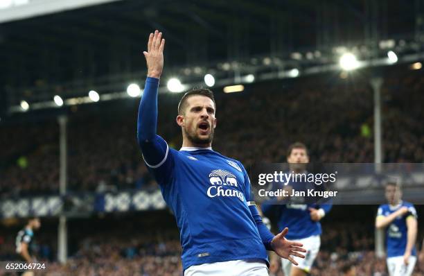 Kevin Mirallas of Everton celebrates scoring his sides first goal during the Premier League match between Everton and West Bromwich Albion at...