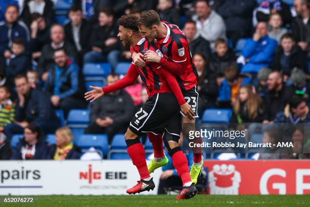 Tyler Roberts of Shrewsbury Town celebrates after scoring a goal to make it 0-1 during the Sky Bet League One match between Chesterfield and...