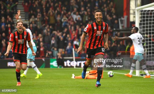 Joshua King of AFC Bournemouth celebrates scoring his sides second goal during the Premier League match between AFC Bournemouth and West Ham United...